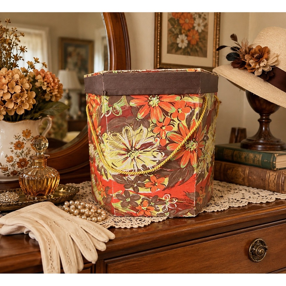 Vintage 60s Floral Cardboard Hat Box Hexagon Rope Handle 12 Inch Tall Storage